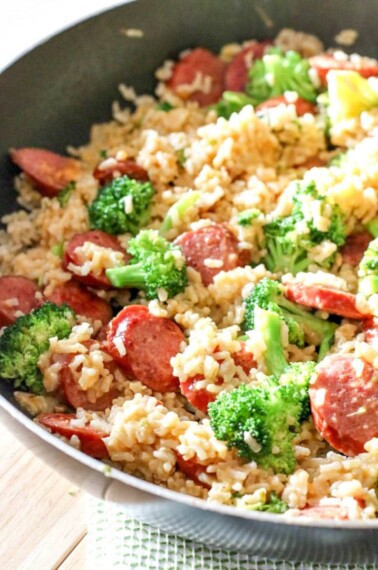 Smoked Sausage & Rice Recipe! For a weeknight meal solution, this Smoked Sausage & Rice One Skillet Dinner Recipe is ready in under 30 minutes!