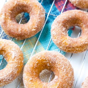 These Baked Pumpkin Spice Donuts, topped with cinnamon-sugar, are the ultimate easy fall dessert!ย #pumpkin #dessert #donuts #falldessert | allthingsmamma.com