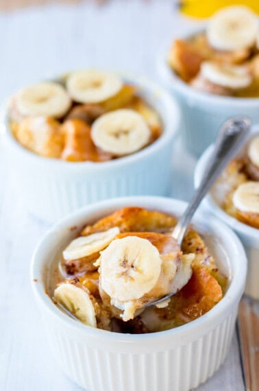 Banana Bread Pudding in white bowl