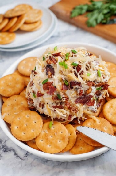 cheese ball served with crackers in a white shallow bowl.