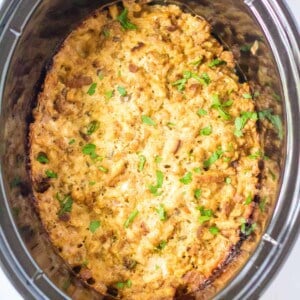 slow cooker turkey stuffing casserole in a crock pot