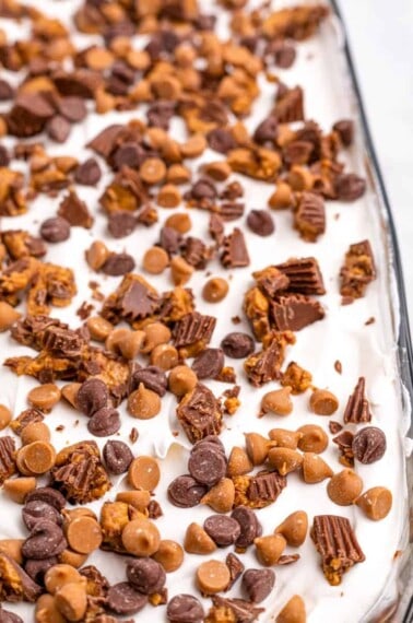 peanut butter lasagna in a glass casserole dish