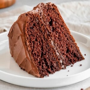 slice of portillos chocolate cake served on a white plate