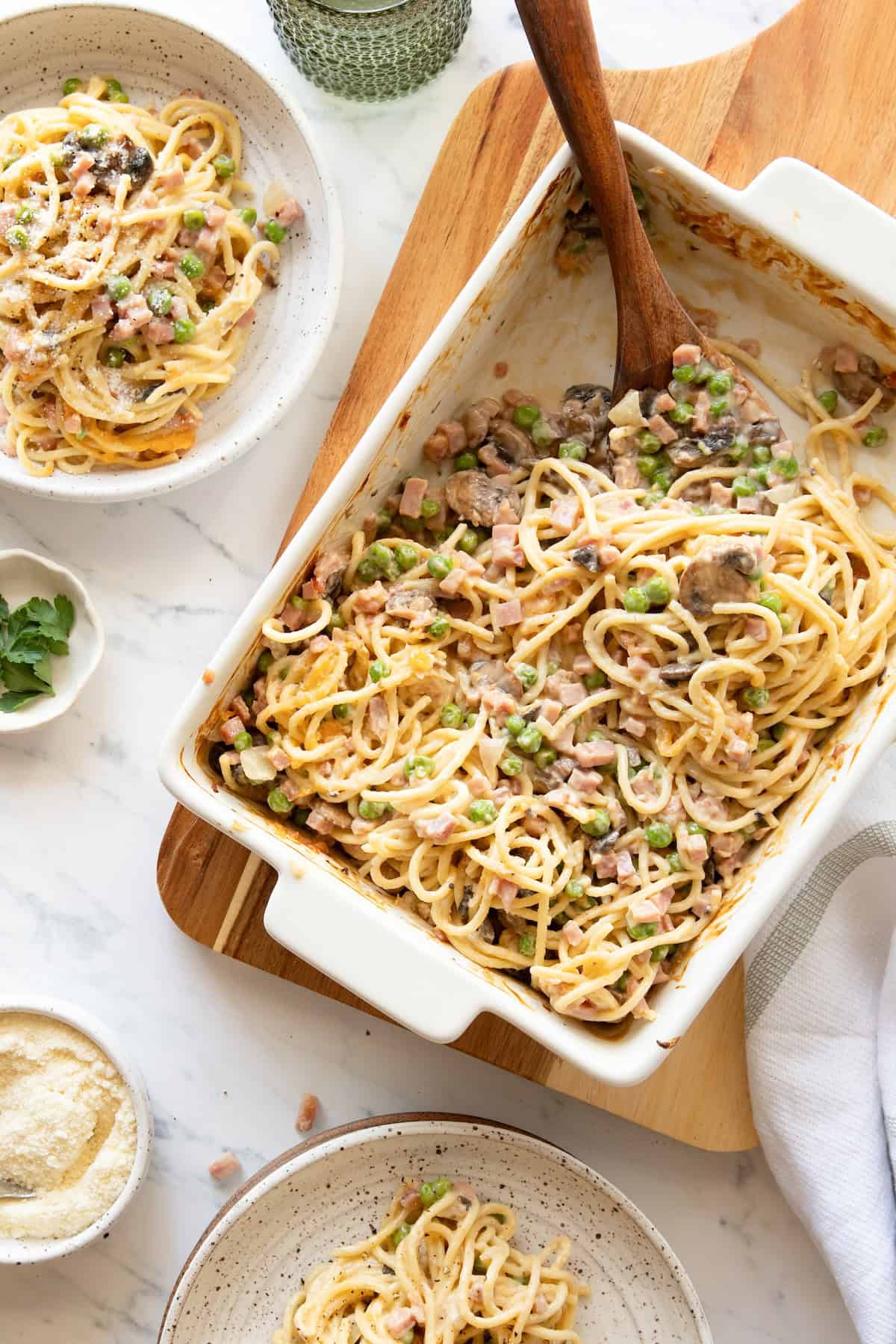 Overhead view of ham tetrazzini in baking dish
