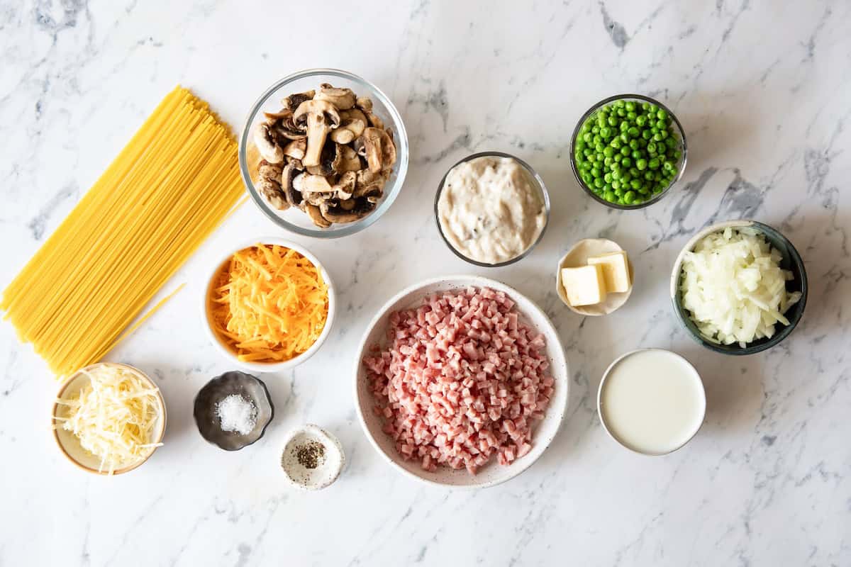 Overhead view of ingredients for ham tetrazzini