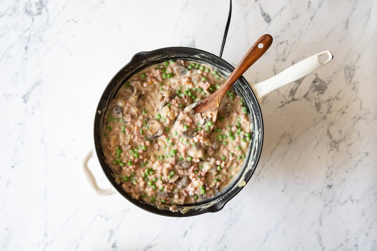 Overhead view of sauce in skillet for ham tetrazzini