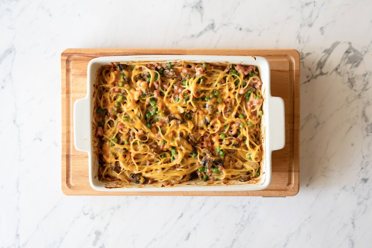Overhead view of baked ham tetrazzini in casserole dish