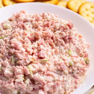 A bowl of ham salad surrounded by crackers.