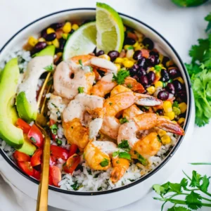 Shrimp and rice bowl.