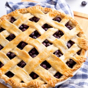 A blueberry pie with a lattice crust.