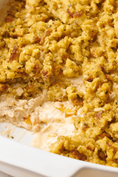 Chicken and stuffing casserole in a baking dish.