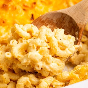 A wooden spoon lifting a scoop of Chick-fil-A macaroni and cheese.