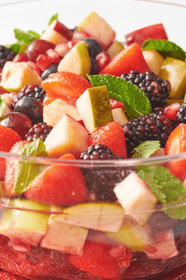 A bowl of Christmas fruit salad.