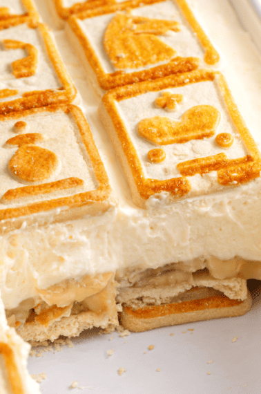 Chessman banana pudding in a baking dish with servings missing.