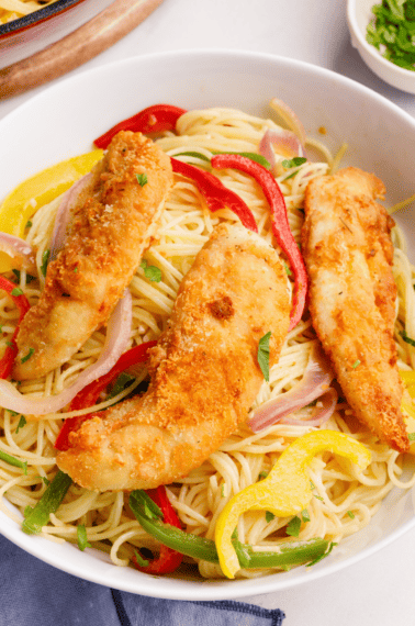 A bowl of copycat Olive Garden chicken scampi.
