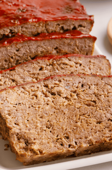 Sliced homemade Cracker Barrel meatloaf.