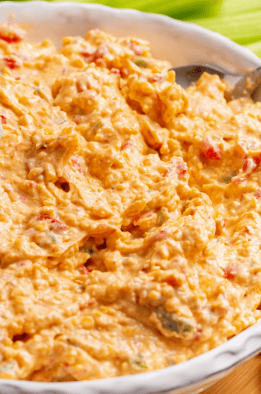A bowl of creamy pimento cheese dip.