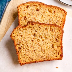 Two slices of 4-ingredient banana bread.
