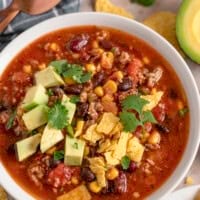 Slow cooker taco soup with avocado.