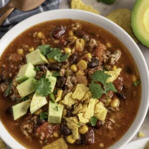 Slow cooker taco soup with avocado.