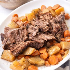pot roast with vegetables on a white plate.