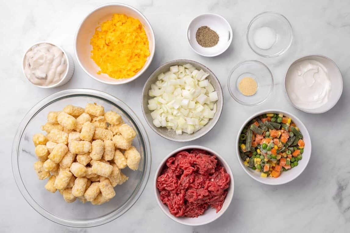 Tater Tot Casserole Ingredients needed for tater tot casserole.