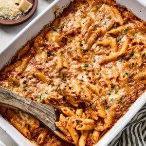 baked penne pasta with marinara sauce and cheese.