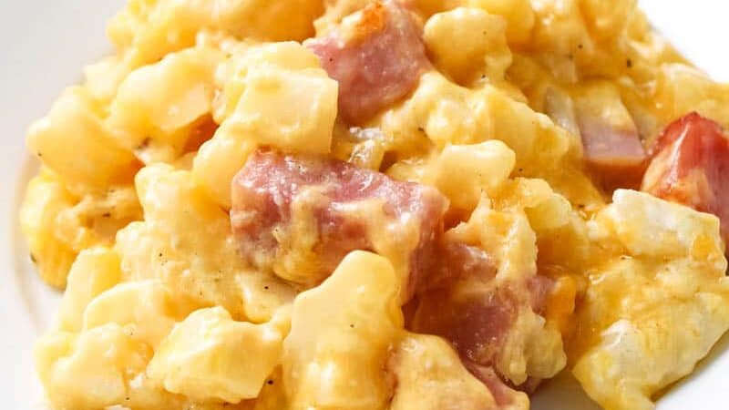 cheesy ham casserole on a white plate