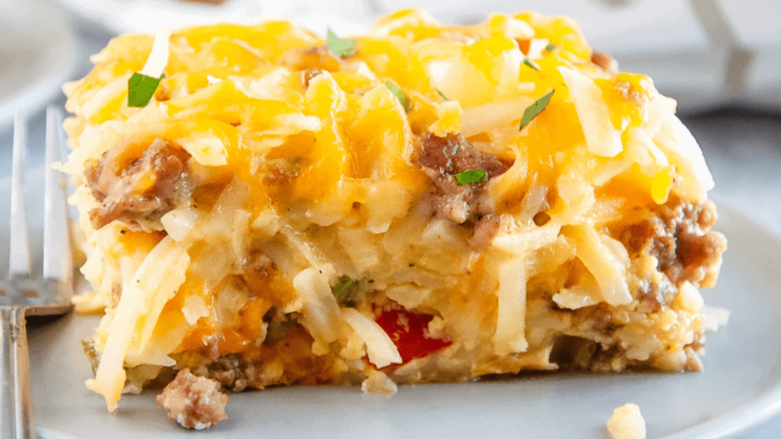 serving of sausage hashbrown breakfast casserole
