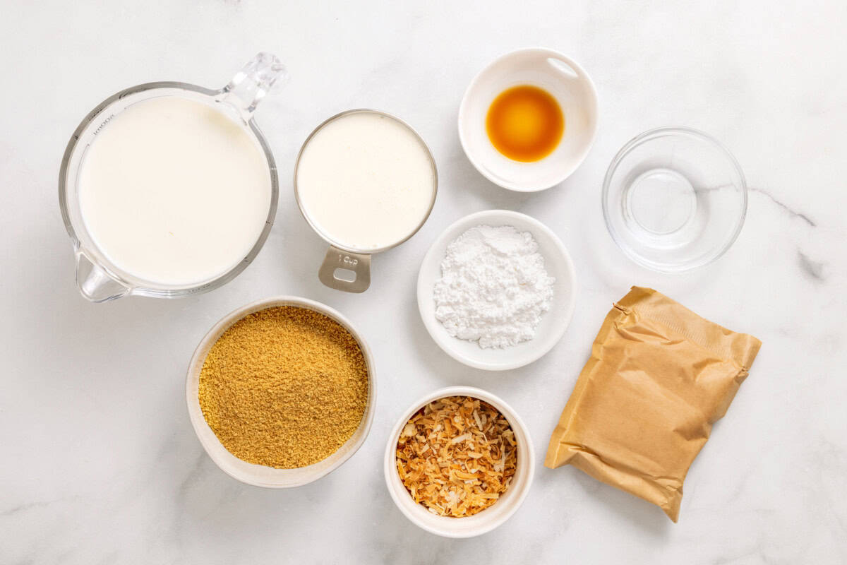 Overhead view of ingredients for coconut cream pie parfaits
