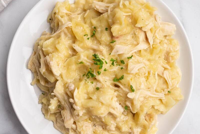 top shot of creamy chicken dish on white plate